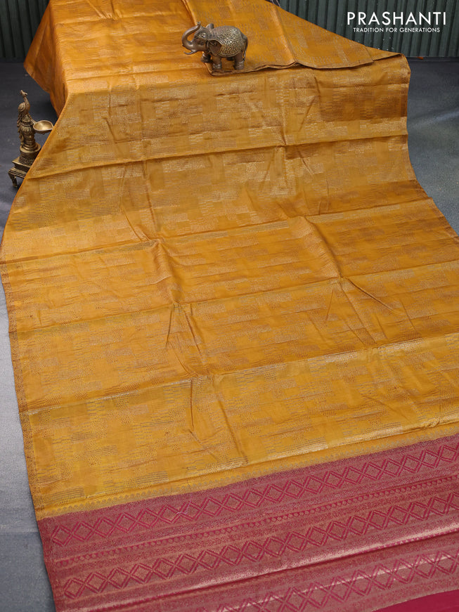 Banarasi tussar silk saree mustard yellow and maroon with allover thread & zari weaves and piping border