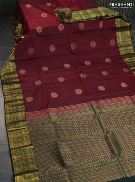 Pure kanchipuram silk saree maroon and green with allover self emboss & annam buttas and zari woven border