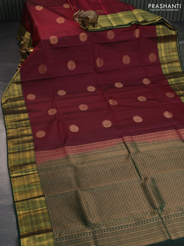 Pure kanchipuram silk saree maroon and green with allover self emboss & annam buttas and zari woven border