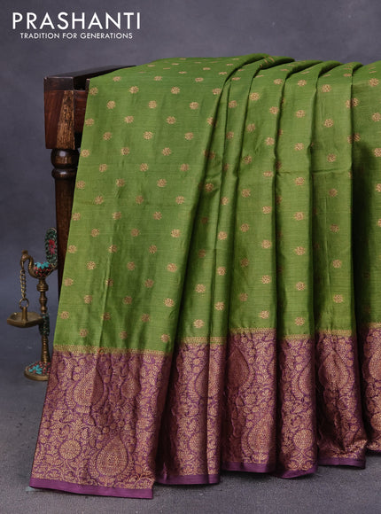 Banarasi tussar silk saree sap green and wine shade with thread & zari woven buttas and banarasi style border