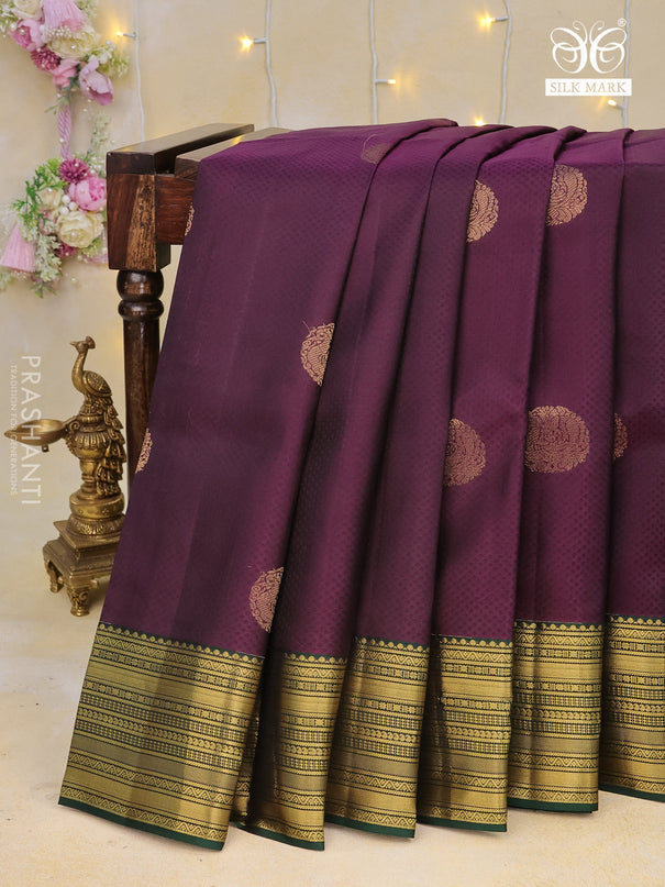 Pure kanchipuram silk saree deep wine shade and green with allover self emboss & annam buttas and zari woven border