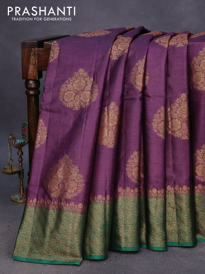 Banarasi tussar silk saree deep purple and green with thread & zari woven buttas and banarasi style border