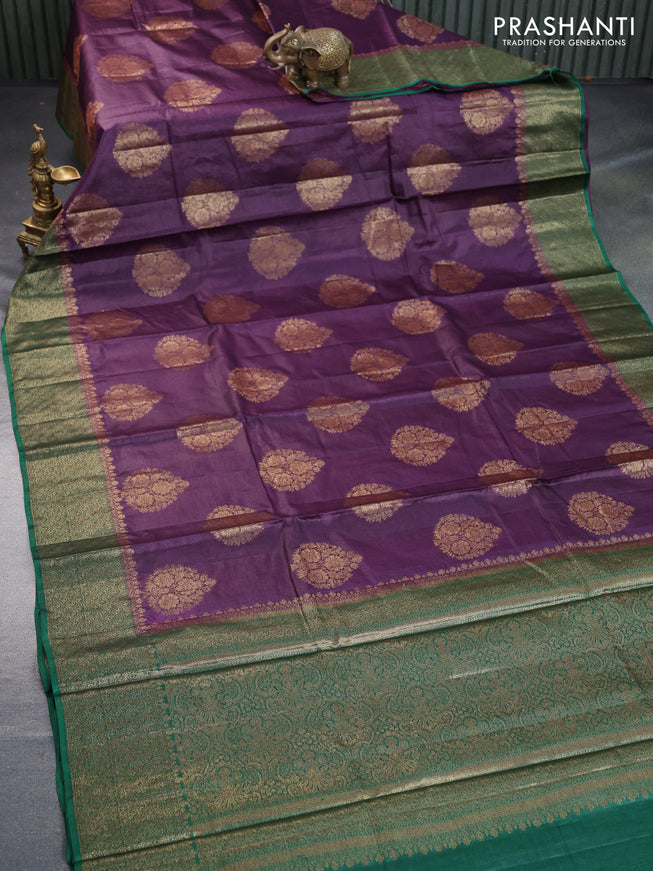 Banarasi tussar silk saree deep purple and green with thread & zari woven buttas and banarasi style border