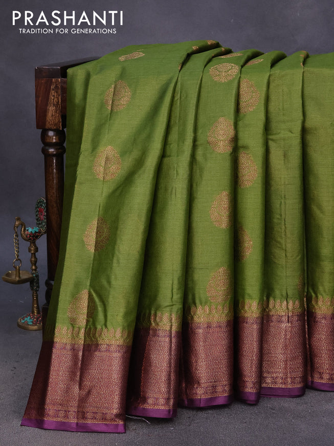 Banarasi tussar silk saree mehendi green and deep purple with thread & zari woven buttas and banarasi style border