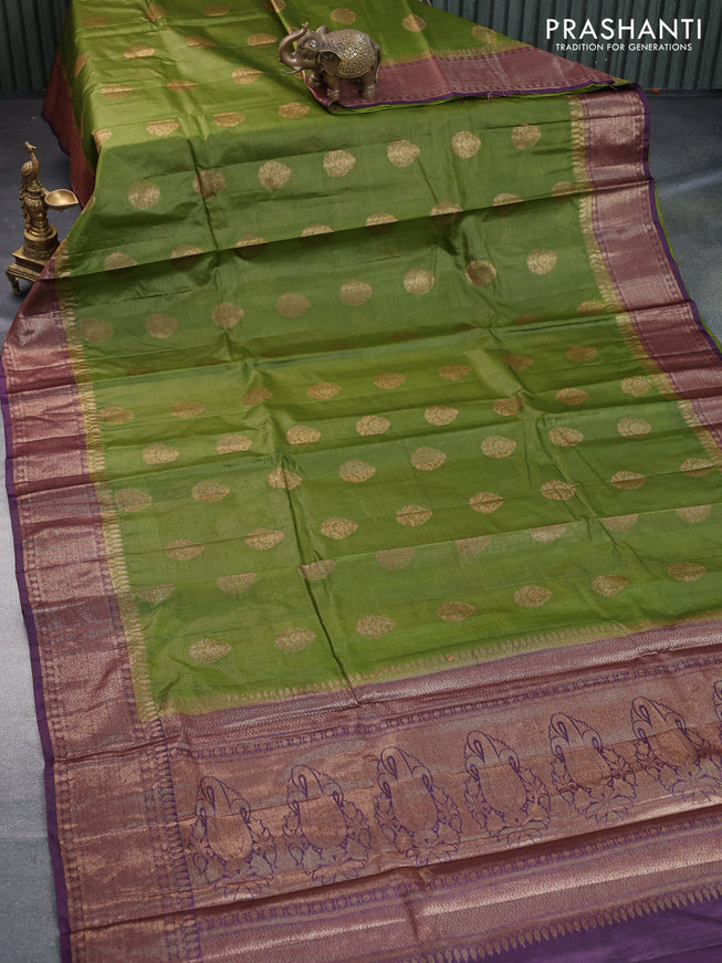 Banarasi tussar silk saree mehendi green and deep purple with thread & zari woven buttas and banarasi style border