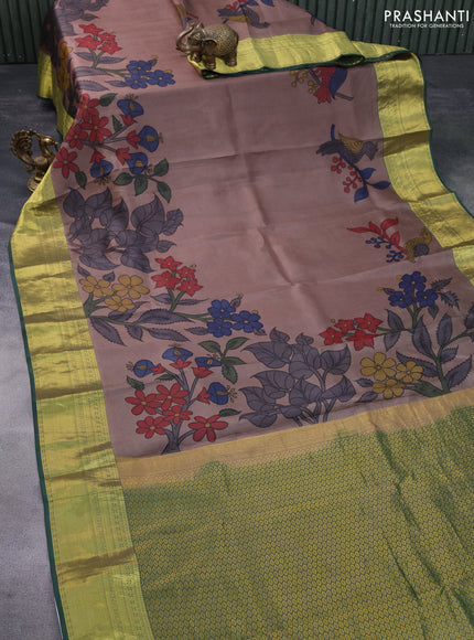 Pure kanchipuram silk saree brown and dark green with pen kalamkari hand painted prints and rich zari woven border