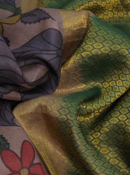 Pure kanchipuram silk saree brown and dark green with pen kalamkari hand painted prints and rich zari woven border