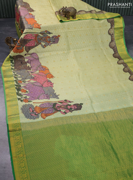 Pure kanchipuram silk saree pastel green and green with allover self emboss zari buttas & pen kalamkari hand painted prints and rich zari woven border