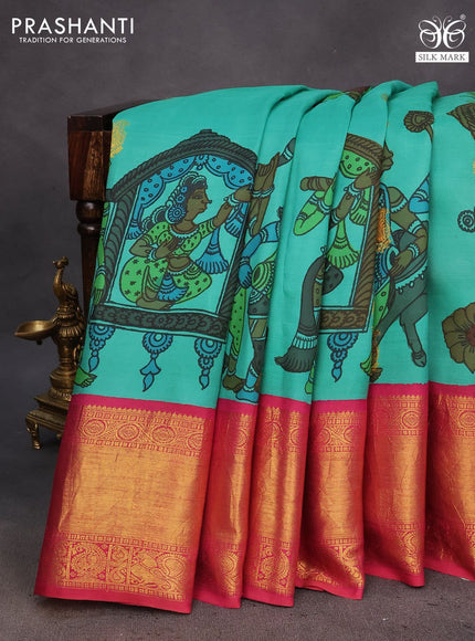 Pure kanchipuram silk saree teal green and pink with allover pen kalamkari hand painted prints & zari buttas and rich zari woven korvai border