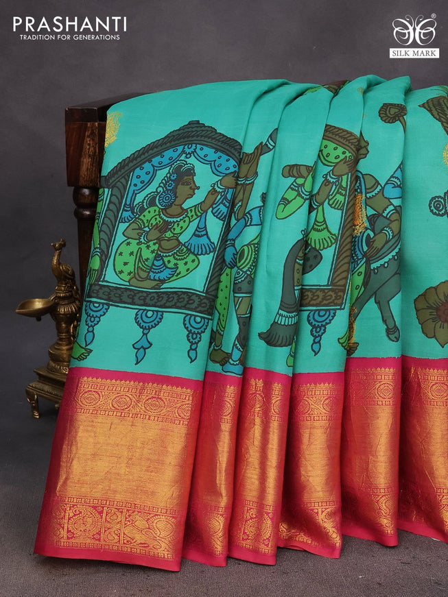 Pure kanchipuram silk saree teal green and pink with allover pen kalamkari hand painted prints & zari buttas and rich zari woven korvai border