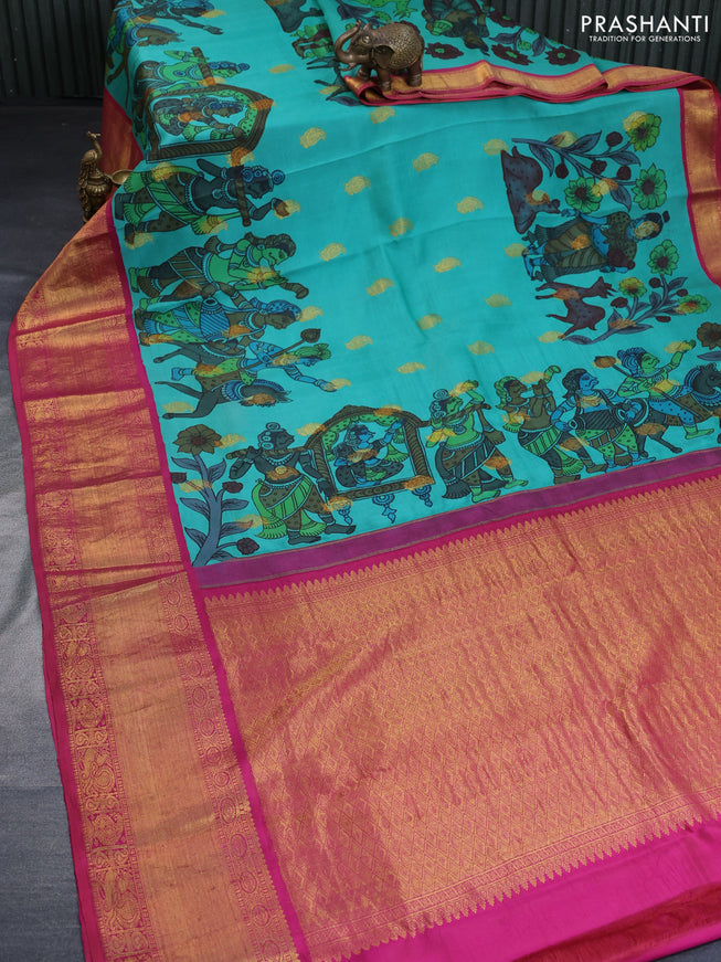 Pure kanchipuram silk saree teal green and pink with allover pen kalamkari hand painted prints & zari buttas and rich zari woven korvai border