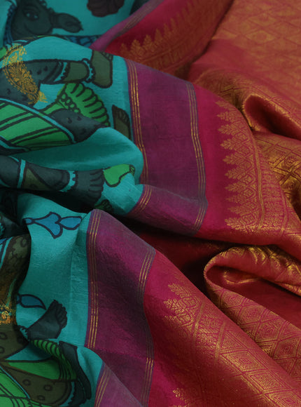 Pure kanchipuram silk saree teal green and pink with allover pen kalamkari hand painted prints & zari buttas and rich zari woven korvai border