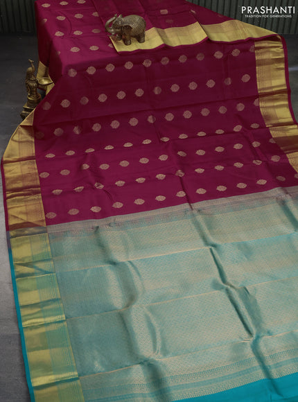 Pure kanchipuram silk saree maroon and teal green with allover self emboss & buttas and zari woven border