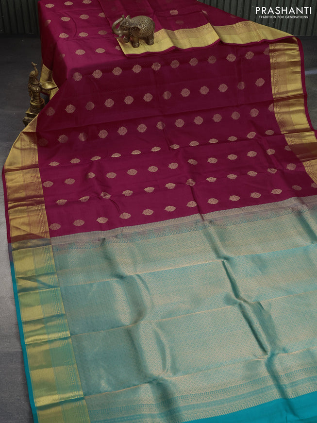 Pure kanchipuram silk saree maroon and teal green with allover self emboss & buttas and zari woven border