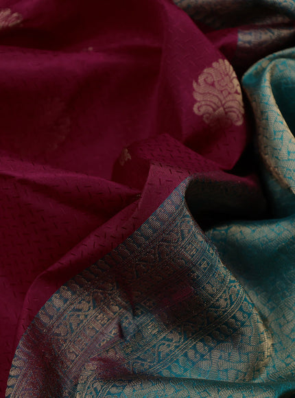 Pure kanchipuram silk saree maroon and teal green with allover self emboss & buttas and zari woven border