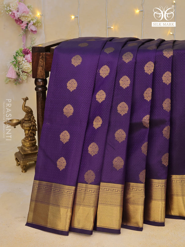 Pure kanchipuram silk saree deep violet and teal green with allover self emboss & buttas and zari woven border