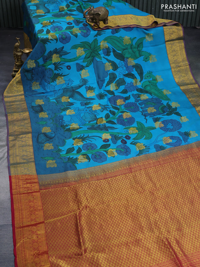 Pure kanchipuram silk saree teal blue shade and pink with pen kalamkari hand painted prints & zari buttas and rich zari woven korvai border