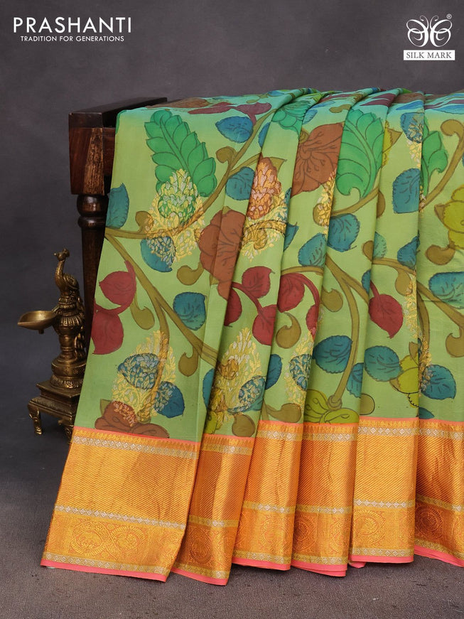 Pure kanchipuram silk saree green and candy pink with pen kalamkari hand painted prints & zari buttas and rich zari woven korvai border