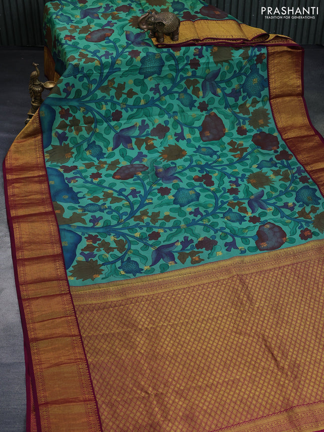 Pure kanchipuram silk saree green and dark magenta pink with allover pen kalamkari hand painted prints & zari buttas and rich zari woven korvai border