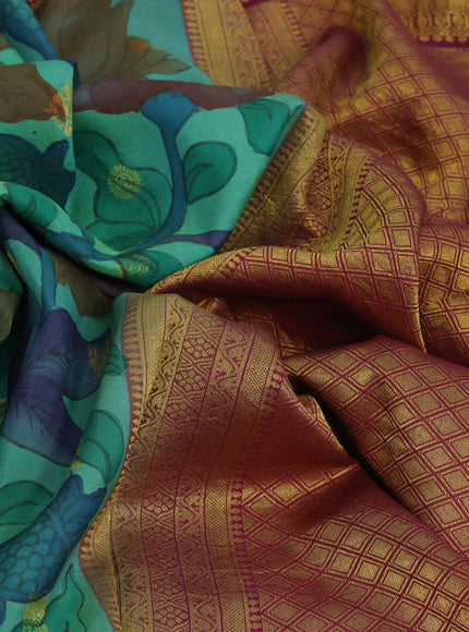 Pure kanchipuram silk saree green and dark magenta pink with allover pen kalamkari hand painted prints & zari buttas and rich zari woven korvai border