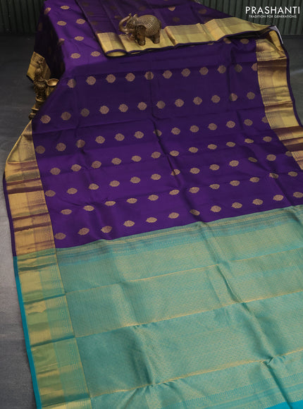 Pure kanchipuram silk saree deep violet and teal green with allover self emboss & buttas and zari woven border