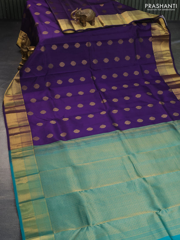 Pure kanchipuram silk saree deep violet and teal green with allover self emboss & buttas and zari woven border