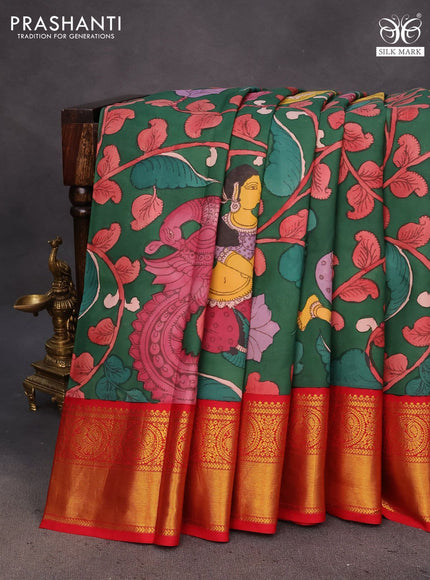 Pure kanchipuram silk saree green and red with allover pen kalamkari hand painted prints and rich zari woven korvai border