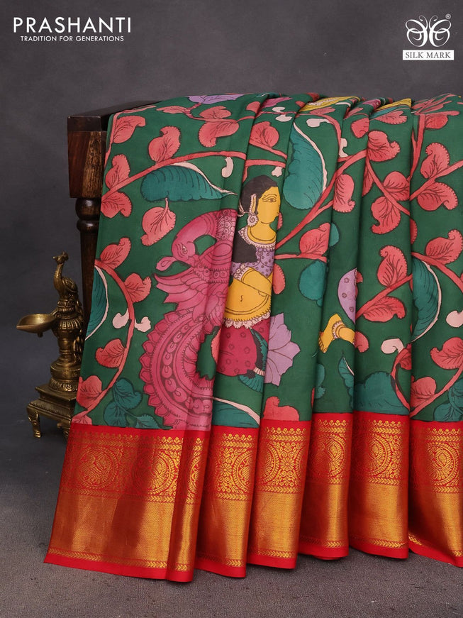 Pure kanchipuram silk saree green and red with allover pen kalamkari hand painted prints and rich zari woven korvai border