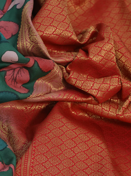 Pure kanchipuram silk saree green and red with allover pen kalamkari hand painted prints and rich zari woven korvai border