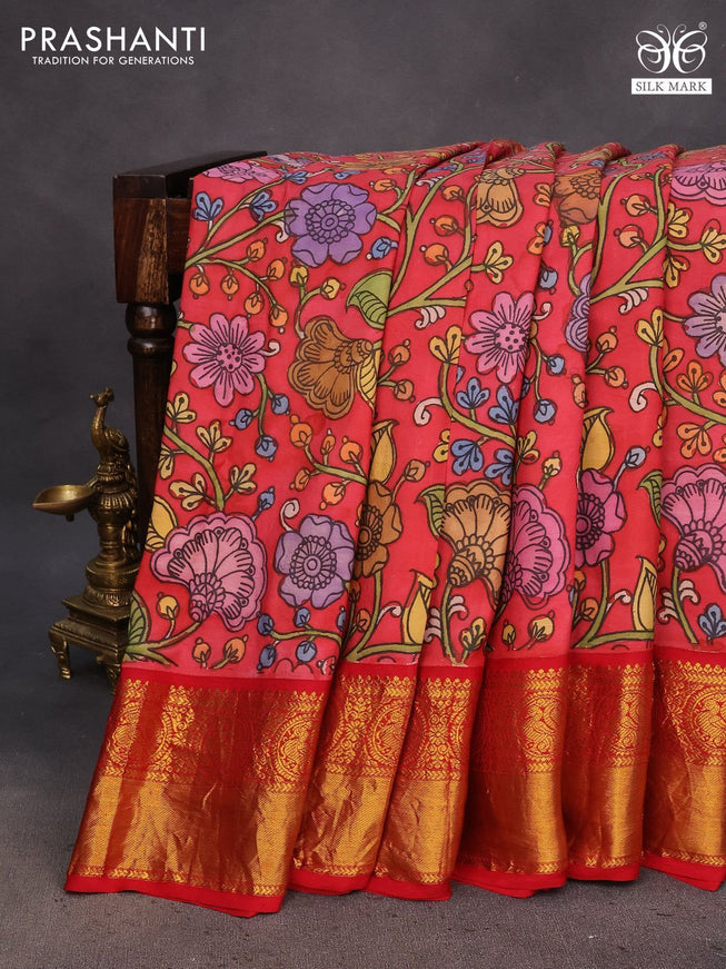 Pure kanchipuram silk saree red shade and red with allover pen kalamkari hand painted prints and rich zari woven korvai border