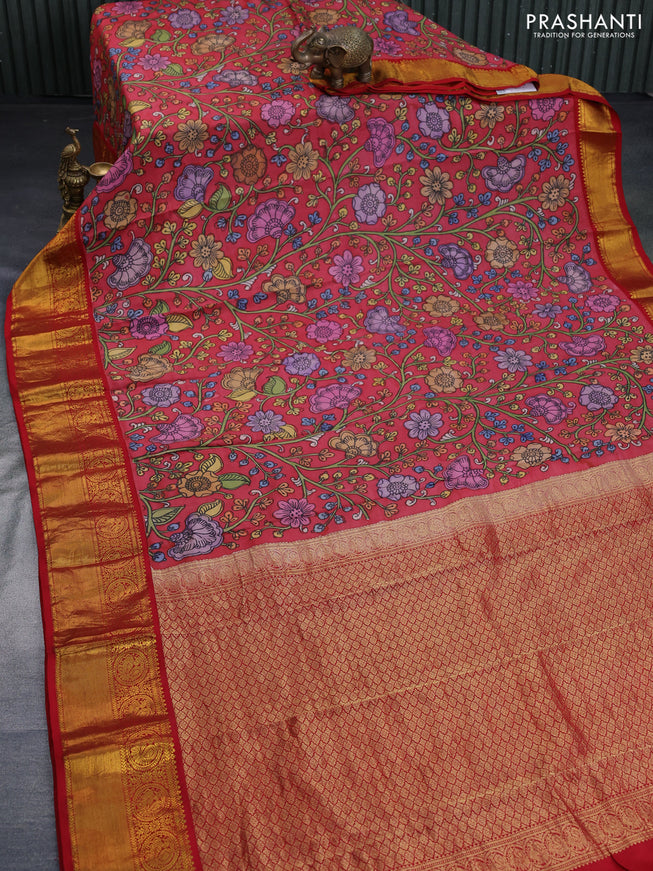 Pure kanchipuram silk saree red shade and red with allover pen kalamkari hand painted prints and rich zari woven korvai border