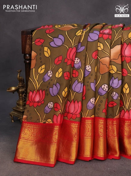 Pure kanchipuram silk saree brown shade and red with allover pichwai hand painted prints and rich zari woven korvai border