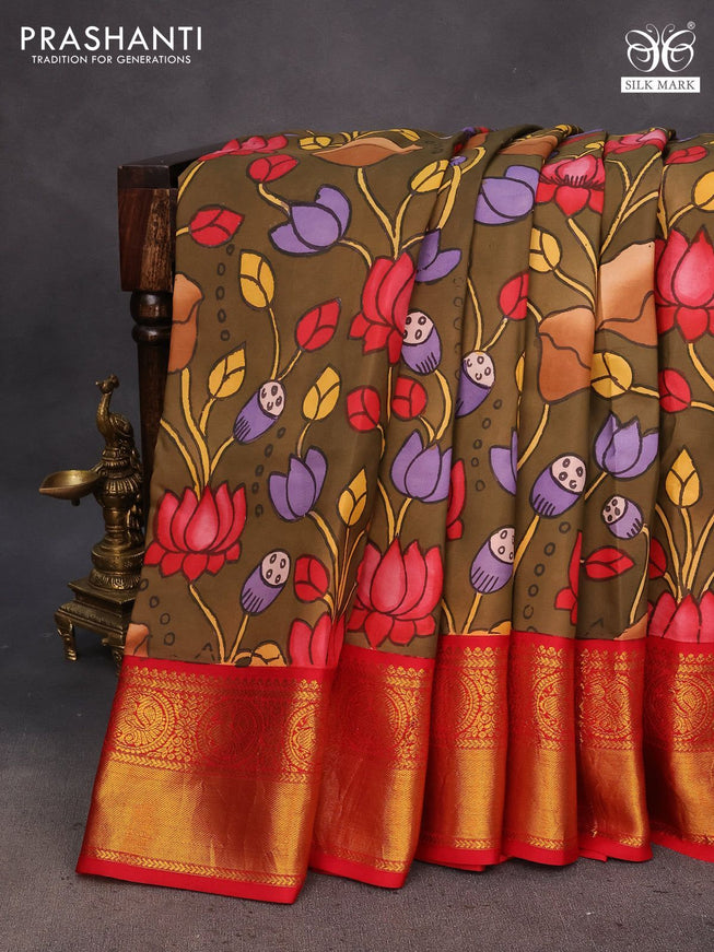 Pure kanchipuram silk saree brown shade and red with allover pichwai hand painted prints and rich zari woven korvai border