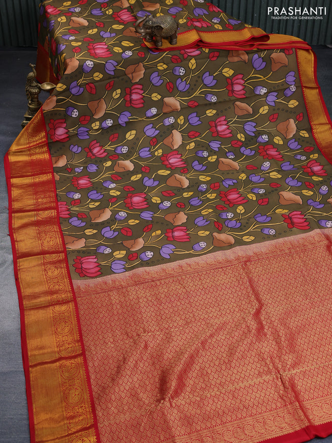 Pure kanchipuram silk saree brown shade and red with allover pichwai hand painted prints and rich zari woven korvai border