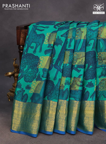 Pure kanchipuram silk saree green and blue with allover pen kalamkari hand painted prints & zari buttas and rich zari woven korvai border