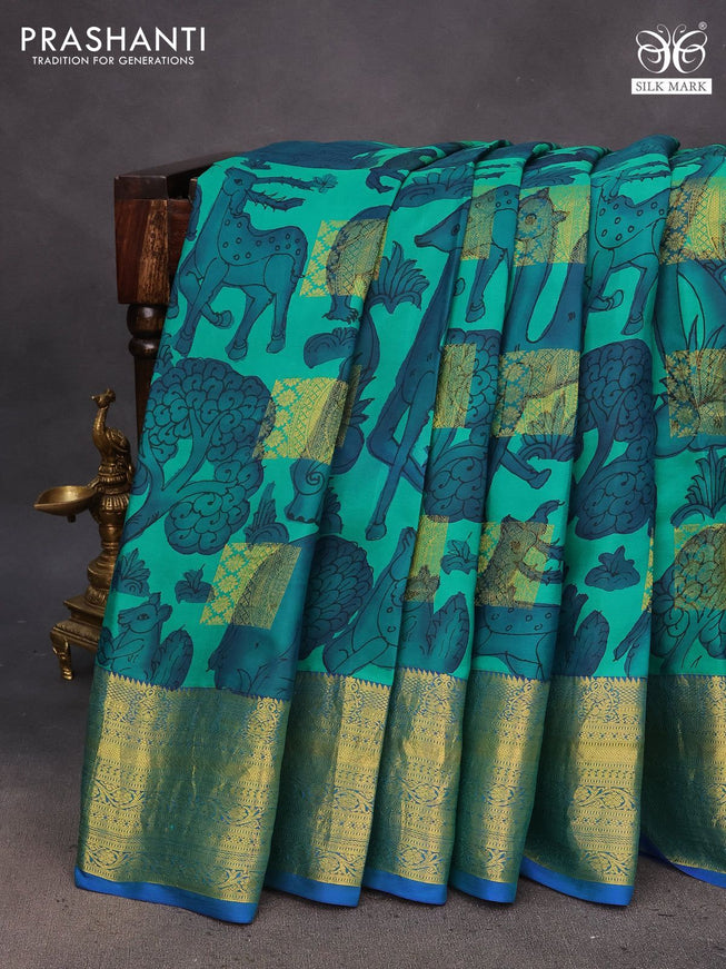 Pure kanchipuram silk saree green and blue with allover pen kalamkari hand painted prints & zari buttas and rich zari woven korvai border