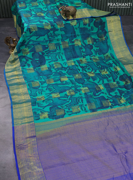 Pure kanchipuram silk saree green and blue with allover pen kalamkari hand painted prints & zari buttas and rich zari woven korvai border