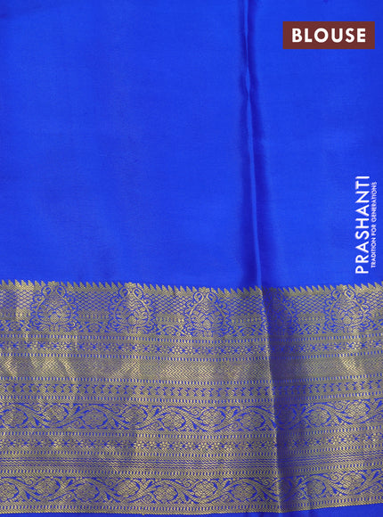 Pure kanchipuram silk saree green and blue with allover pen kalamkari hand painted prints & zari buttas and rich zari woven korvai border