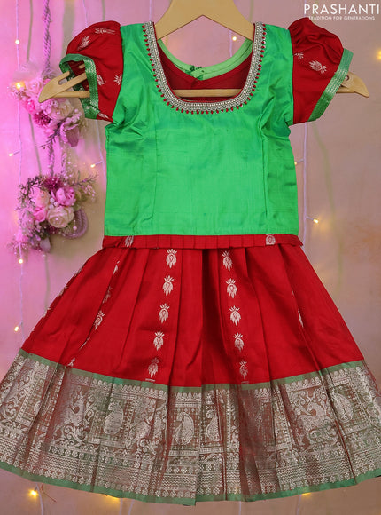 Silk kids lehenga green and red with aari work neck pattern & puff sleeve and silver zari buttas & zari border for 0-1 year