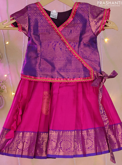 Silk kids lehenga dual shade of purple and pink with zari woven brocade weaves & lace work neck pattern and copper zari woven border for 0-1 year