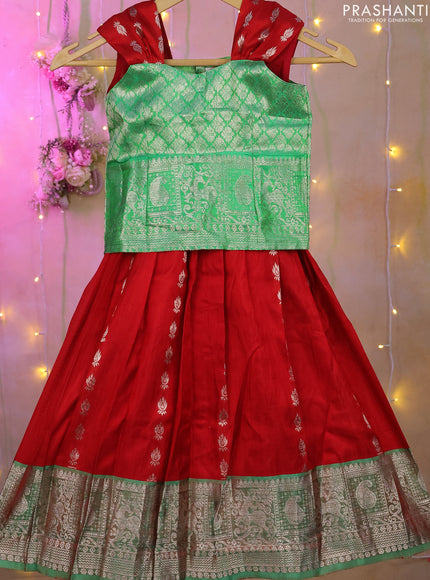 Silk kids lehenga green and red with silver zari woven brocade weaves and silver zari buttas & zari border for 3-4 years