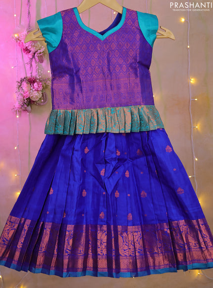 Silk kids lehenga blue and teal blue with copper zari woven brocade weaves and copper zari buttas & copper zari border for 3-4 years