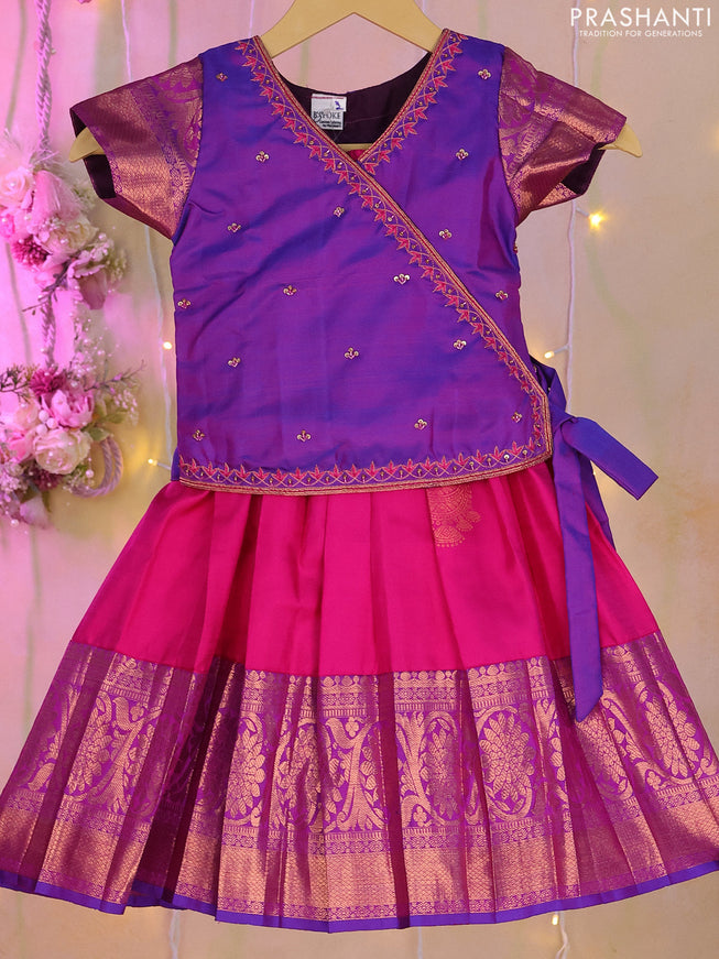 Silk kids lehenga dual shade of purple and pink with embroidery work neck pattern and buttas & long zari border for 1-2 years