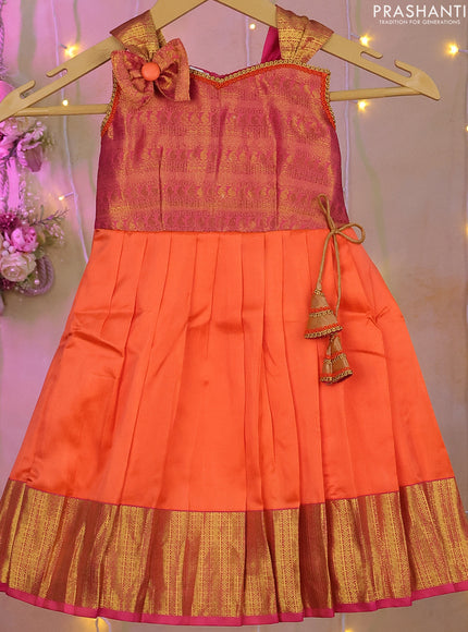 Silk kids frock pink and orange with lace work neck pattern and zari woven border for 0-1 years