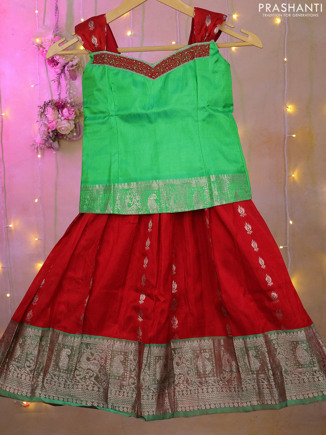 Silk kids lehenga light green and red with simple aari work neck pattern and silver zari buttas & zari border for 3-4 years