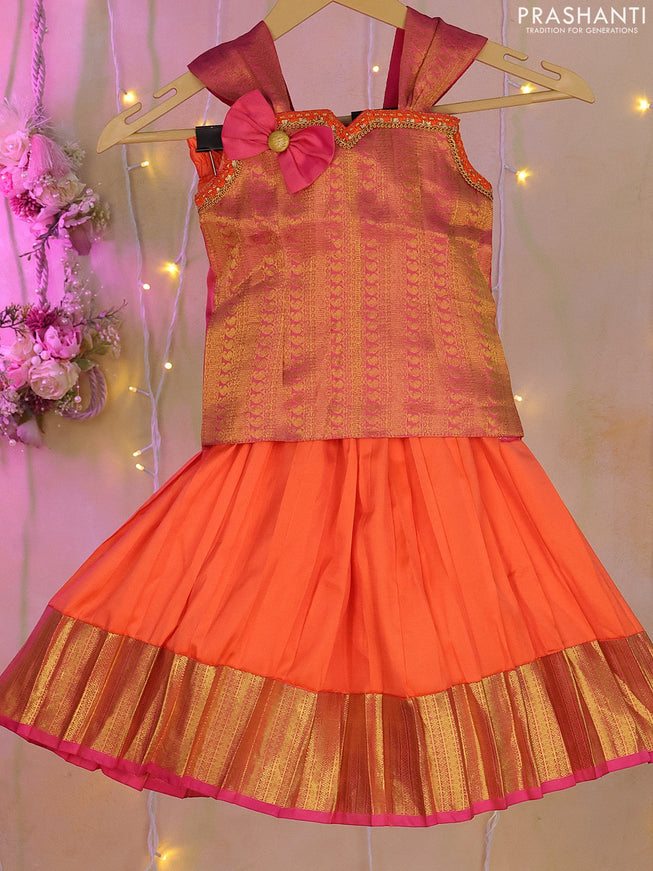 Silk kids lehenga dual shade of pink and orange with zari woven brocade weaves & lace work neck pattern and zari woven border for 2-3 years