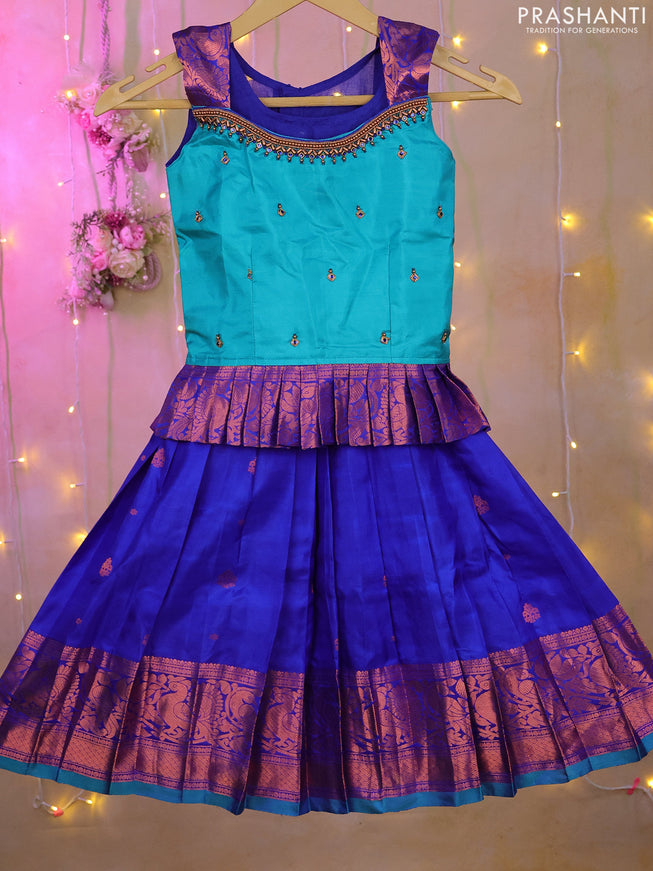 Silk kids lehenga teal blue and blue with aari work neck pattern and copper zari buttas & copper zari border for 3-4 years