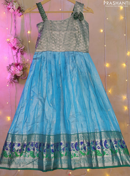 Silk kids lehenga green and light blue with zari woven brocade weaves and silver zari woven paithani style border for 6-7 years