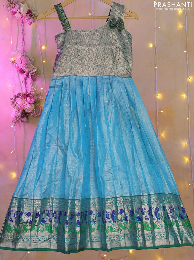 Silk kids lehenga green and light blue with zari woven brocade weaves and silver zari woven paithani style border for 6-7 years