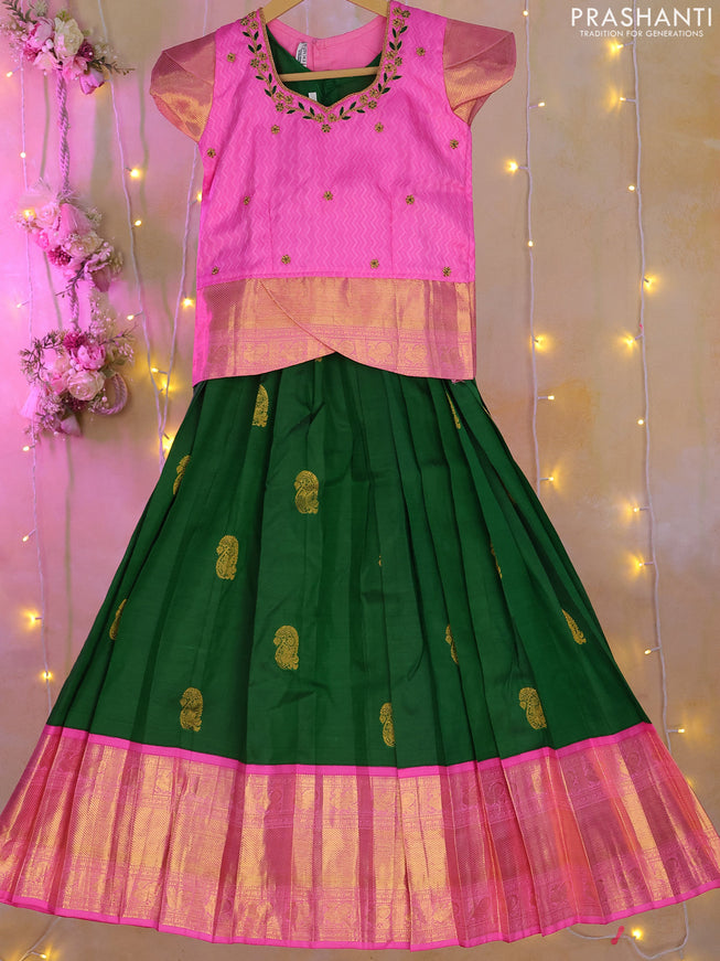 Silk kids lehenga candy pink and green with aari work neck pattern and buttas & long zari border for 6-7 years